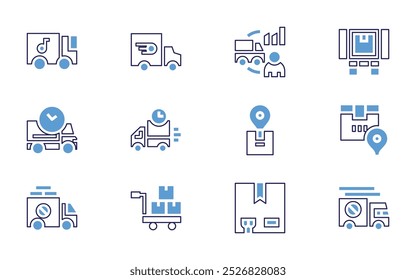 Logistics icon set. Bold line style. Duotone colors. Editable stroke. supply chain, loaded truck, fragile, package, box, overload, delivery truck, drone, cargo crane.