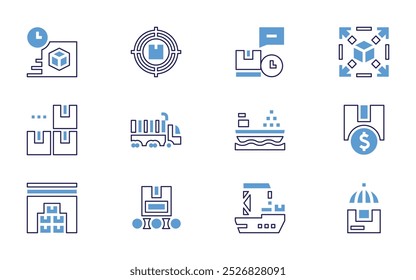 Conjunto de ícones de logística. Estilo de linha em negrito. Cores duotônicas. AVC editável. entrega, extensível, investir, renovável, carga, navio de carga, proteção de encomendas, manuseio.