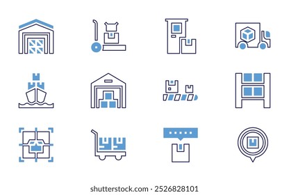 Conjunto de ícones de logística. Estilo de linha em negrito. Cores duotônicas. Curso editável. entrega expressa, caminhão, entrega rápida, localização, classificação, loja, prateleira, inventário, correia transportadora.