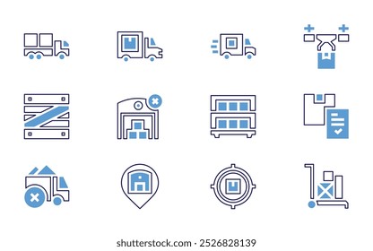 Logistics icon set. Bold line style. Duotone colors. Editable stroke. box, conveyor, target, fulfillment, shelf, push cart, freight, drone delivery, lock.