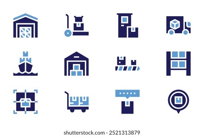 Conjunto de ícones de logística. Estilo negrito. Cores duotônicas. armazém, carrinho, entrega expressa, produto, transporte, classificação, navio de carga, correia transportadora.