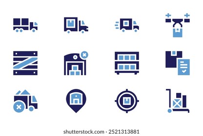 Conjunto de ícones de logística. Estilo negrito. Cores duotônicas. sobrecarga, transporte, envio, preenchimento, sem estoque, prateleira, pino de localização, pilha, caixa de madeira.