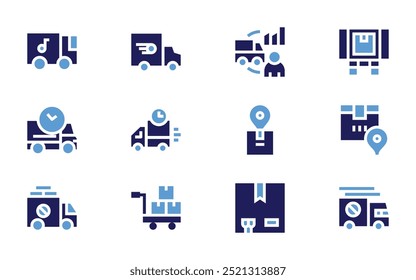 Logistics icon set. Bold style. Duotone colors. delivery, supply chain, loaded truck, truck, delivery truck, package, overload, trolley, box.