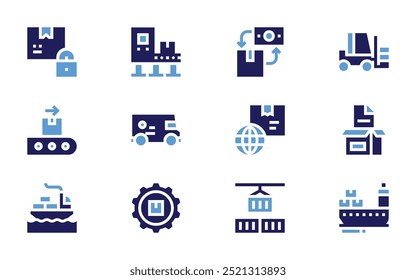 Logistics icon set. Bold style. Duotone colors. conveyor, delivery truck, globe, product management, target, freight, lock, cash on delivery.