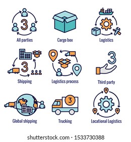 Logistics icon set with buildings, trucking, people and shipping box