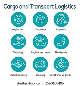 Logistics icon set with buildings, trucking, people and shipping box