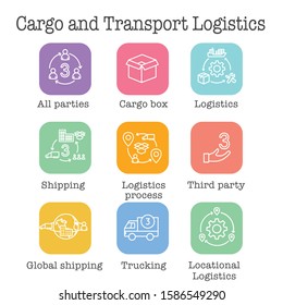Logistics icon set with buildings, trucking, people and shipping box