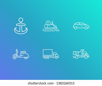 Logistics icon set and bulldozer with anchor, truck and dump truck. Moped related logistics icon vector for web UI logo design.