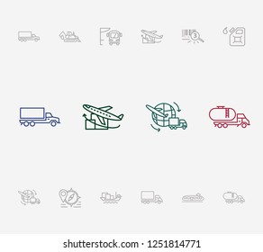 Logistics icon set and bus station with ship by air, tank truck and subway train. Shipping related logistics icon vector for web UI logo design.
