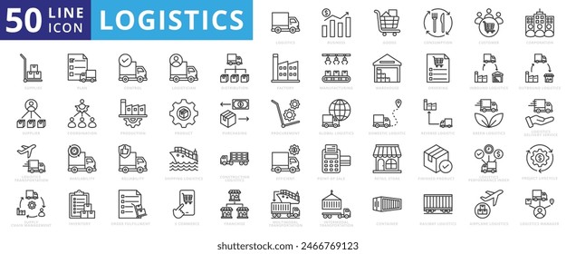 Logistics icon set with business, goods, consumption, customer, corporation, supplies, supplier and transportation.