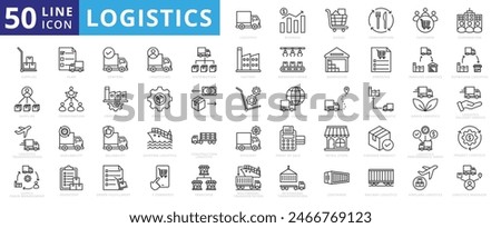 Logistics icon set with business, goods, consumption, customer, corporation, supplies, supplier and transportation.