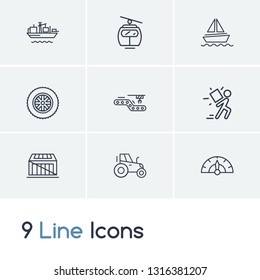 Logistics icon set and cargo ship with tractor, boat and crate. Gauge related logistics icon vector for web UI logo design.
