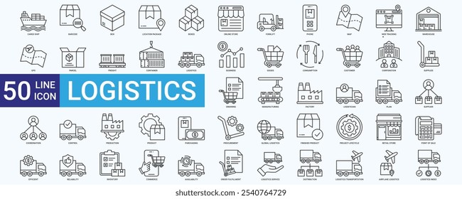 Ícone de logística definido com entrega de carga, compras, negócios, mercadorias, consumo, cliente, corporação, inventário, fornecedor e transporte