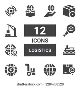 logistics icon set. Collection of 12 filled logistics icons included Shipping, World, Cargo, Globe, Ship, Worldwide, Package, Harbor crane, Earth
