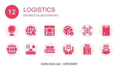 logistics icon set. Collection of 12 filled logistics icons included Globe, Conveyor, World, Worldwide, Package