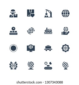 logistics icon set. Collection of 16 filled logistics icons included Earth globe, Conveyor, Global, Freight, World, Worldwide, Ship, Earth, Harbor crane, Package, Delivery man