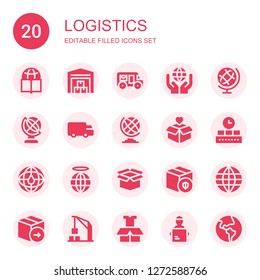 logistics icon set. Collection of 20 filled logistics icons included Worldwide, Warehouse, Mail truck, Earth globe, Global, Shipping, Package, Conveyor, Planet earth, Harbor crane
