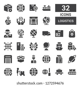 logistics icon set. Collection of 32 filled logistics icons included Conveyor, Freight, Worldwide, Globe, Delivery man, Package, Warehouse, Mail truck, Ship, Global, World, Shipping