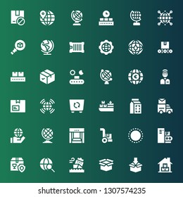 logistics icon set. Collection of 36 filled logistics icons included Warehouse, Package, Ship, Worldwide, Conveyor, Cargo, Earth globe, World, Mail truck, Cargo ship, Container