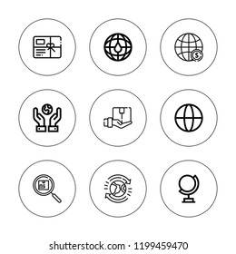 Logistics icon set. collection of 9 outline logistics icons with earth, global, globe, package, planet earth icons. editable icons.