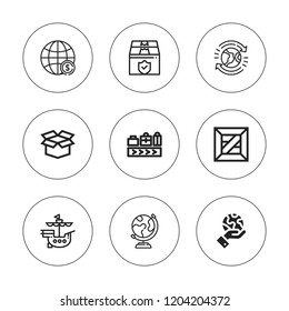 Logistics icon set. collection of 9 outline logistics icons with conveyor belt, earth, globe, package, planet earth icons. editable icons.