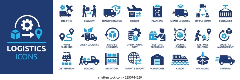 Logistics icon set  Containing distribution  shipping  transportation  delivery  cargo  freight  route planning  supply chain  export   import icons  Solid icon collection 