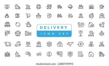 Logistics icon set. Containing distribution, shipping, transportation, delivery, export and import icons. Delivery line icons set. Shipping icon collection Vector