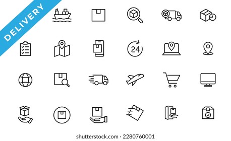 Logistics icon set. Containing distribution, shipping, transportation, delivery, export and import icons. Delivery line icons set. Shipping icon collection Vector