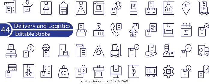 Conjunto de ícones de logística. Contendo ícones de distribuição, entrega, transporte, entrega, carga, frete, planejamento de roteiro, cadeia de suprimentos, exportação e importação