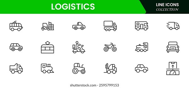 Logistics icon set. Containing distribution, shipping, transportation, delivery, cargo, freight, route planning, supply chain, export and import icons.