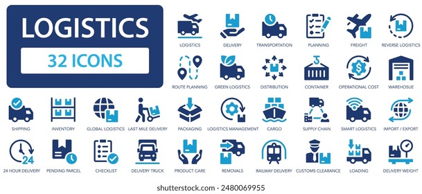 Logistics icon set. Delivery  Logistic symbol collection. Shipping, delivery, distribution, cargo, freight, route, transportation.