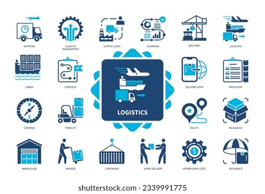 Conjunto de iconos de logística. Entrega, Ruta, Almacén, Elevador de horquilla, Carga, Planificación, Cadena de suministro, Inventario. Iconos sólidos de color Duotone