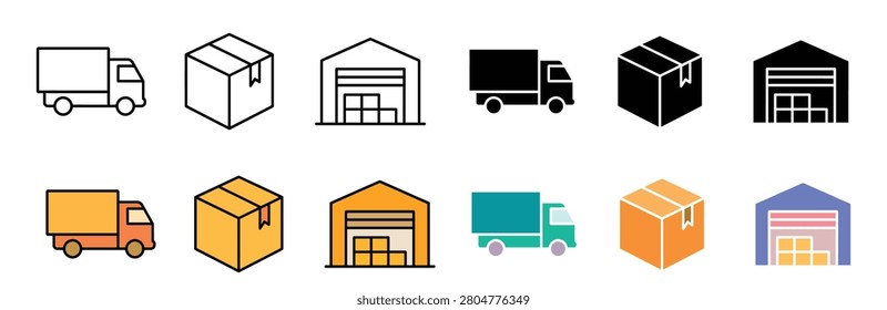 Logistics icon set with delivery truck box. Vector illustration of realistic warehouse shipping flat symbol, colorful cargo transportation package inventory template on white background.