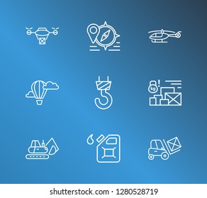 Logistics icon set and digger with navigation, crane and forklift. Excavator related logistics icon vector for web UI logo design.