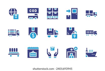 Logistics icon set. Duotone color. Vector illustration. Containing cash on delivery, invest, calendar, door delivery, delivery, transport, security, truck, long truck, add, wagon, ship, pallet.