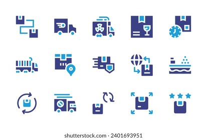 Logistics icon set. Duotone color. Vector illustration. Containing delivery, truck, package, security box, overload, return, fragile, path, time, worldwide delivery, cargo ship, distribution, recycle.
