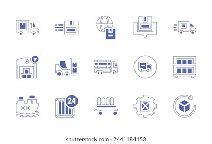 Logistics icon set. Duotone style line stroke and bold. Vector illustration. Containing fast delivery, consultation, delivery, shipment, fulfillment, lift, delivery van, truck, no stock, shelf, hours.