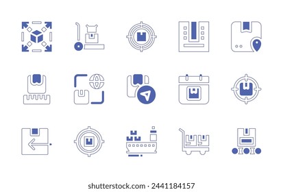 Logistik-Symbolsatz. Linienstrich im Duotonstil und fett. Vektorgrafik. Enthält Trolley, Box, Ziel, ausziehbar, Standort, weltweit, Kalender, GPS, Lineal, Versand, Frachtschiff, Rückgabekasten.