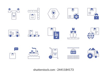 Logistics icon set. Duotone style line stroke and bold. Vector illustration. Containing box, delivery truck, globe, delivery box, package, overload, cargo ship, conveyor belt, stack, freight, fragile.