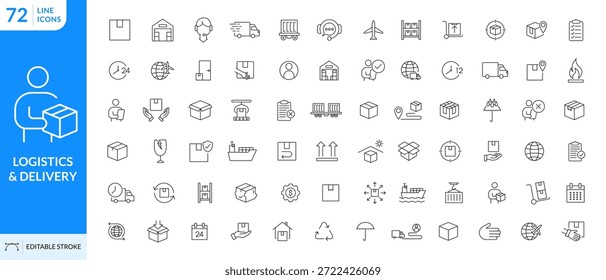 Conjunto de iconos de logística. Iconos de línea editables. Entrega, envío, distribución, carga, transporte, almacén, contenedor, cadena de suministro, cumplimiento