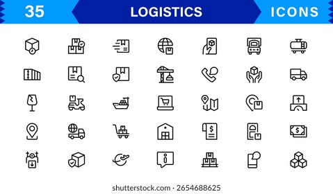 Logistics Icon Set Featuring Delivery, Transportation, Supply Chain, and Warehouse Symbols in Vector Style