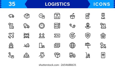 Logistics Icon Set Featuring Delivery, Transportation, Supply Chain, and Warehouse Symbols in Vector Style