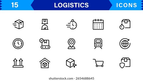 Conjunto de iconos de logística con entrega, Transporte, cadena de suministro y símbolos de almacén en estilo de Vector