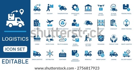 Logistics icon set. featuring delivery, distribution, shipping, transportation, cargo, freight, route planning, supply chain, drone  delivery, export, import and more. perfect vector icon collection.  