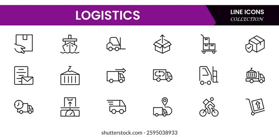 Logistics Icon Set Featuring Transportation, Inventory, Packaging, and Route Planning Symbols