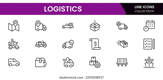 Logistics Icon Set Featuring Transportation, Inventory, Packaging, and Route Planning Symbols