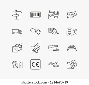Logistics icon set and forklift with ship by train, tracking number and railway. Lift truck related logistics icon vector for web UI logo design.