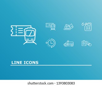 Logistics icon set and gas can with digger, ambulance and processing time. First aid car related logistics icon vector for web UI logo design.