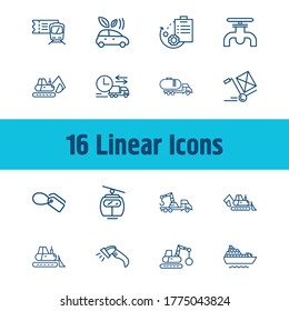 Logistics icon set and gasoline pipe with backhoe, tank truck and order processing. Coupon related logistics icon vector for web UI logo design.