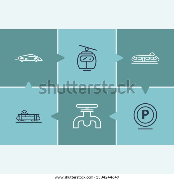 Logistics icon set and gasoline pipe with cable\
car, parking sign and tram. Streetcar related logistics icon vector\
for web UI logo\
design.
